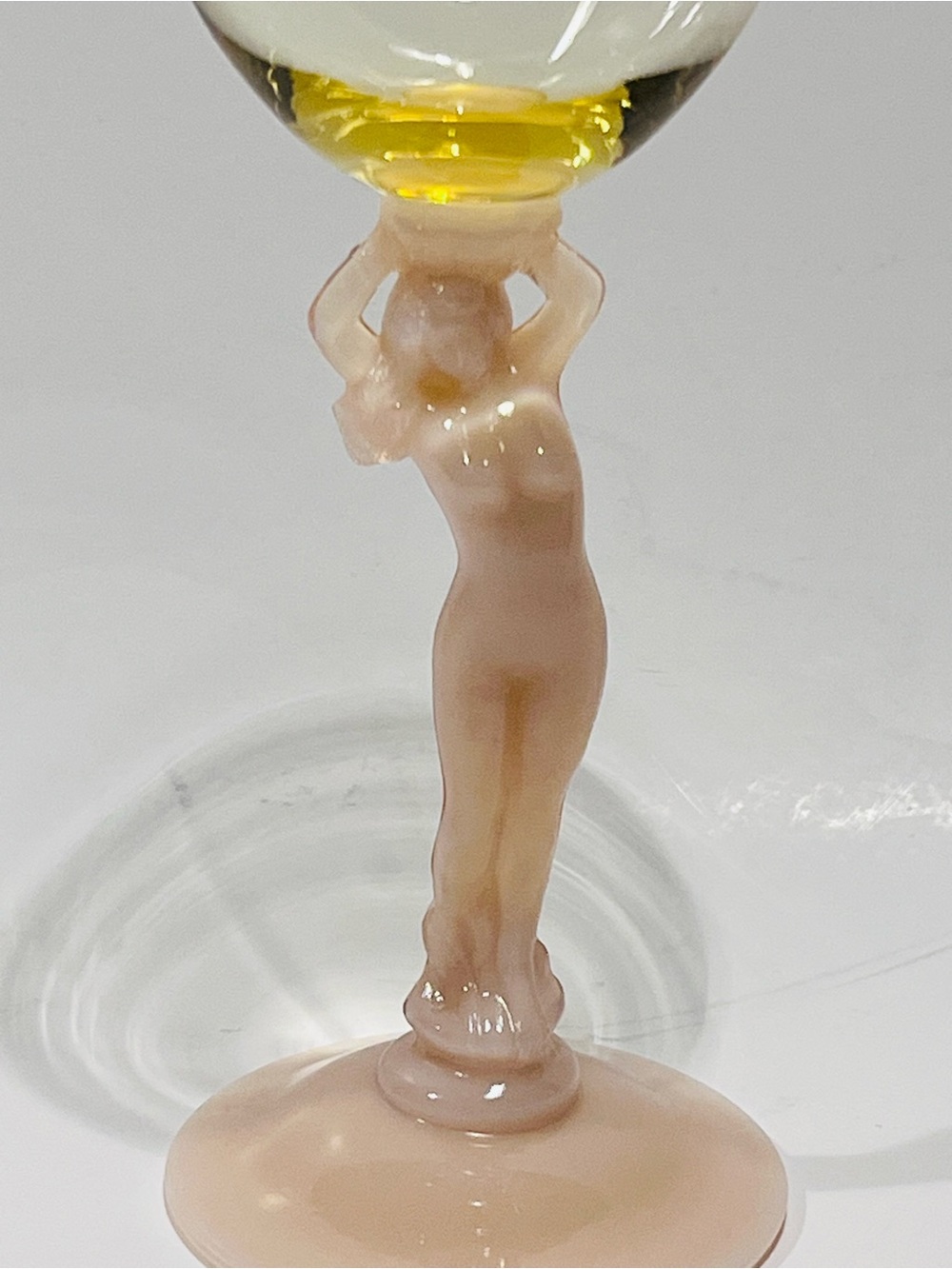 Vintage Cambridge Glass Nude Statuesque Tuscan & Yellow Cocktail Glass - Picture 2 of 12